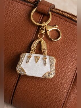 Gold-Tone White Crystal Mini Purse Keychain Charm